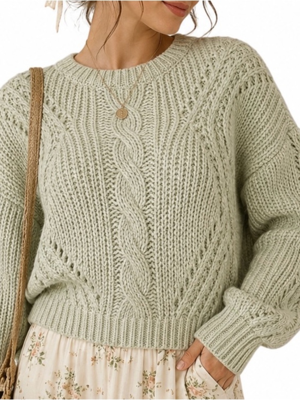 Lumière NWT Sage Green Cable Knit Chunky Crop Sweater M Cozy Cottagecore